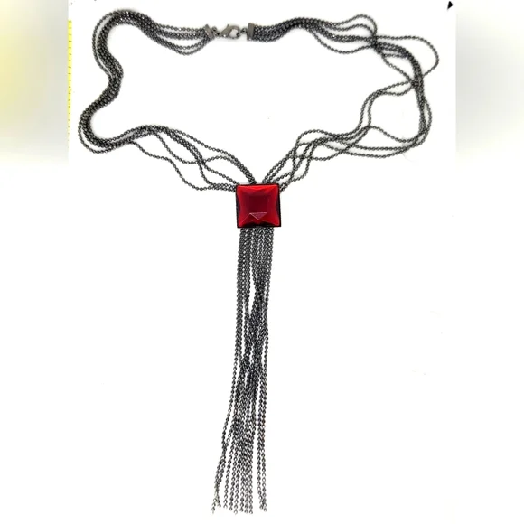 Vintage Gunmetal Ball Chain Multi Strand Y Drop Ruby Red Stone Goth Necklace - Picture 1 of 5